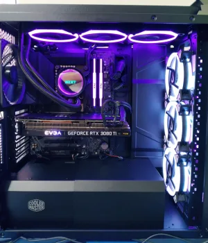 Montagem de pc gamer com gabinete cooler master preto com water cooler nzxt com display led