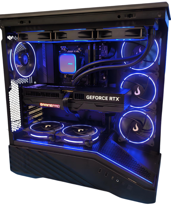 Vista lateral de gabinete aquário de PC Gamer com fundo transparente, destacando a placa de vídeo GeForce RTX com suporte, water cooler da MSI e coolers com iluminação LED circular violeta.