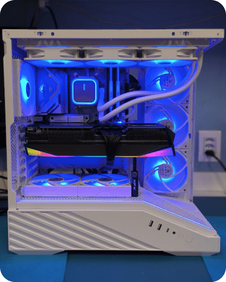 Computador gamer personalizado com iluminação LED azul em processo de montagem de computador profissional.